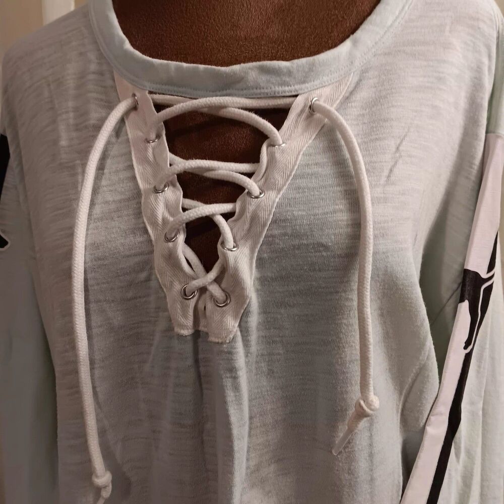 Victoria's Secret Pink Y2K Burnout Style Tee Sz Large Lace Up Neck Long Sleeve